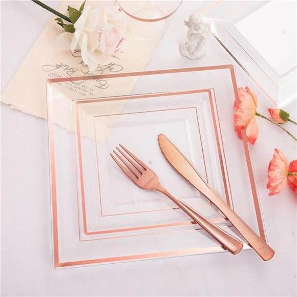 Dining 15 Pieces Rose Gold Square Plastic Plates With Silverware And